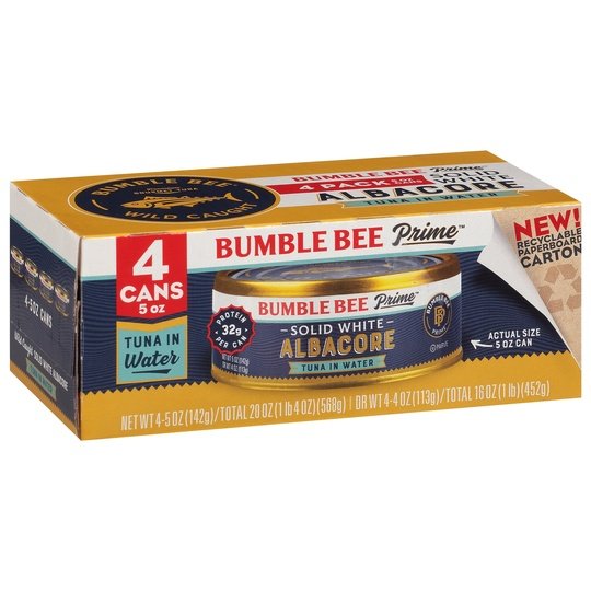 (Pack of 4) Bumble Bee Prime Solid White Albacore Tuna in Water, 5 oz Cans