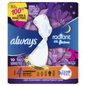 Always Radiant Feminine Pads with Wings, Size 4, Overnight Absorbency, Scented, 10 Count