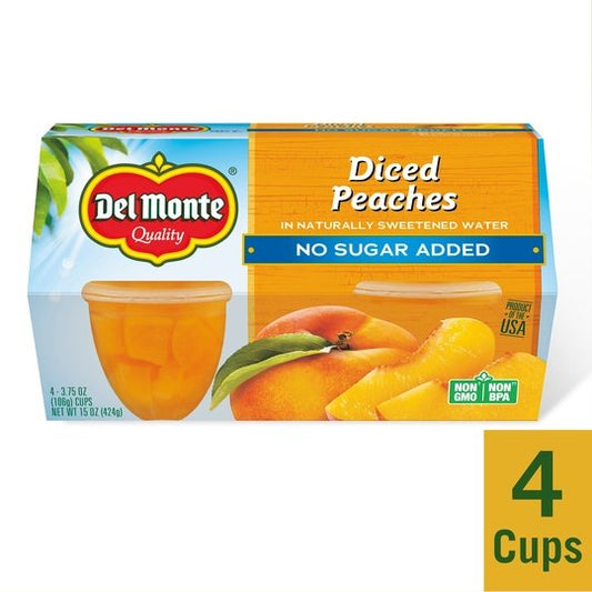 (4 Cups) Del Monte Diced Peaches Fruit Cups, No Sugar Added, 3.75 oz