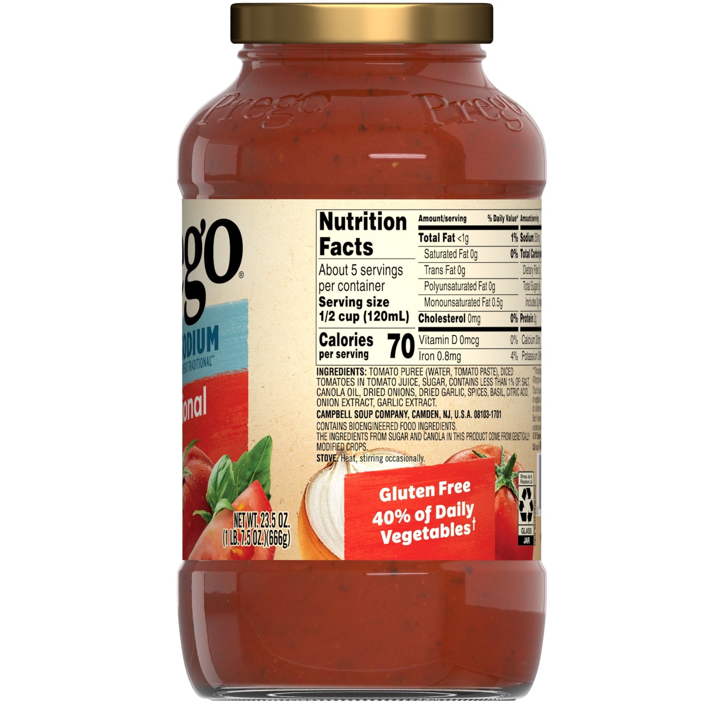 Prego Traditional Lower Sodium Spaghetti Sauce, 23.5 oz Jar