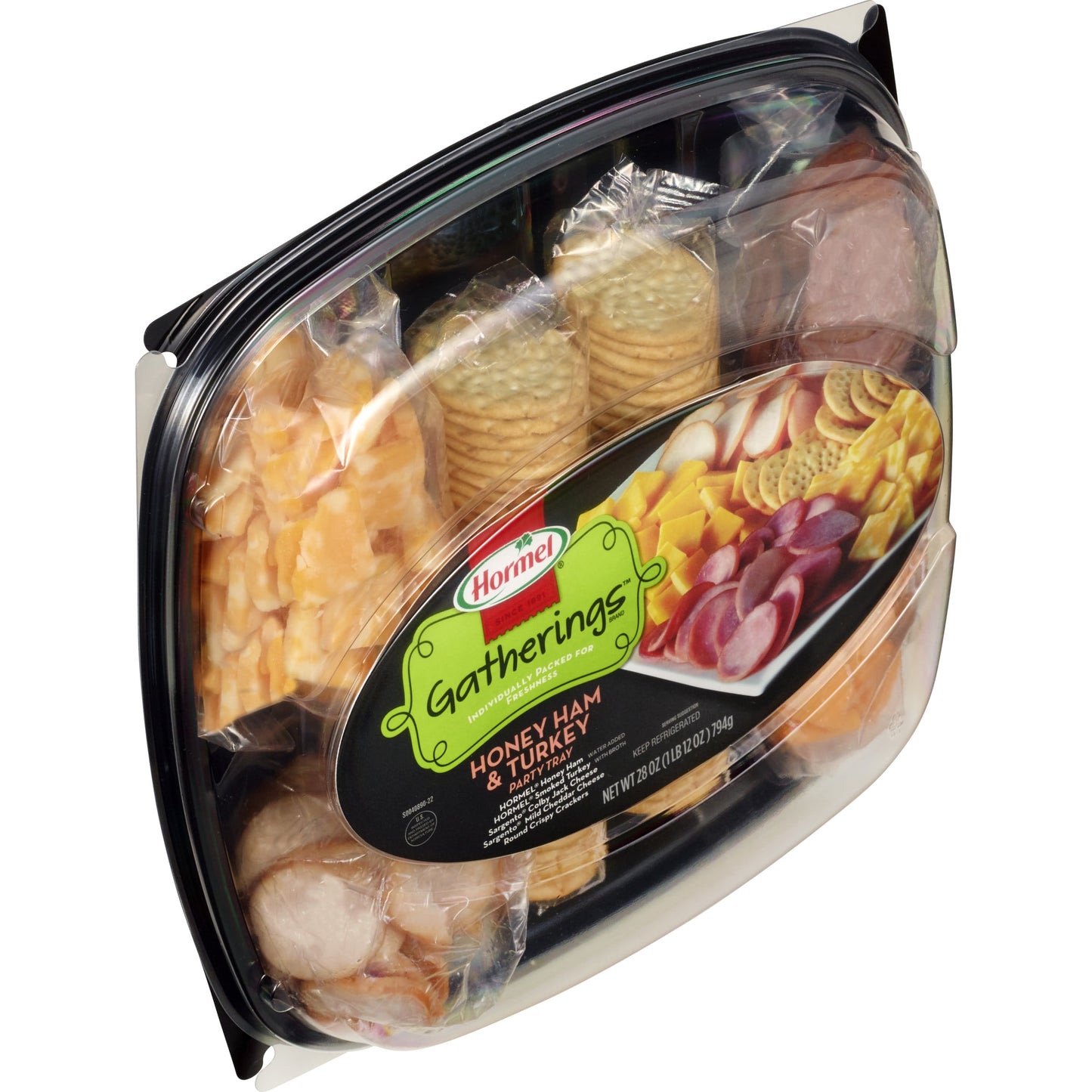 HORMEL GATHERINGS, Honey Ham and Turkey with Cheese and Crackers, Deli Party, 28 oz Plastic Tray