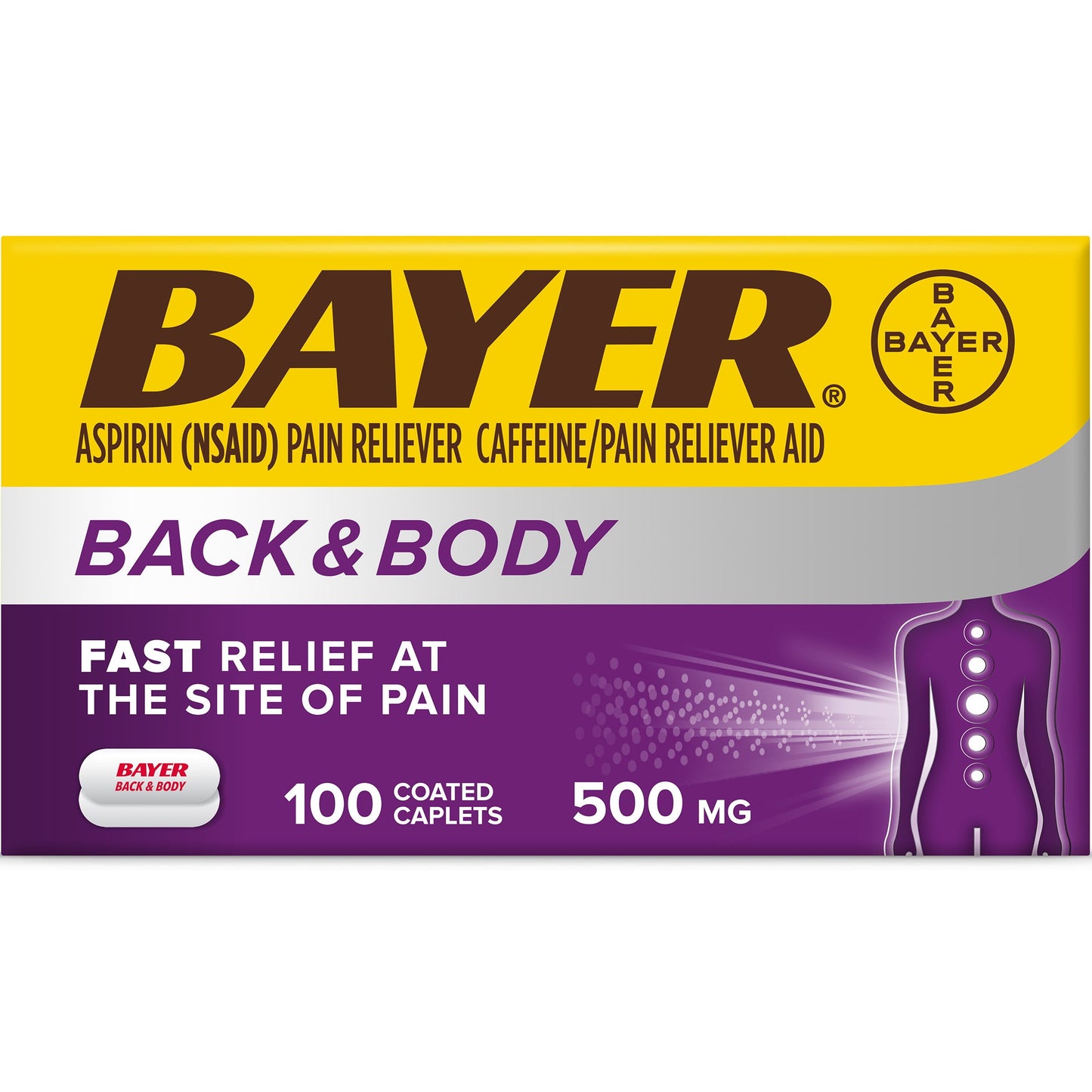 Bayer Back & Body Extra Strength Pain Reliever Aspirin w Caffeine, 500mg Coated Tablets, 100 Count