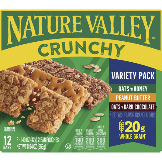 Nature Valley Crunchy Granola Bars, Variety Pack, 12 Bars, 8.94 OZ (6 Pouches)