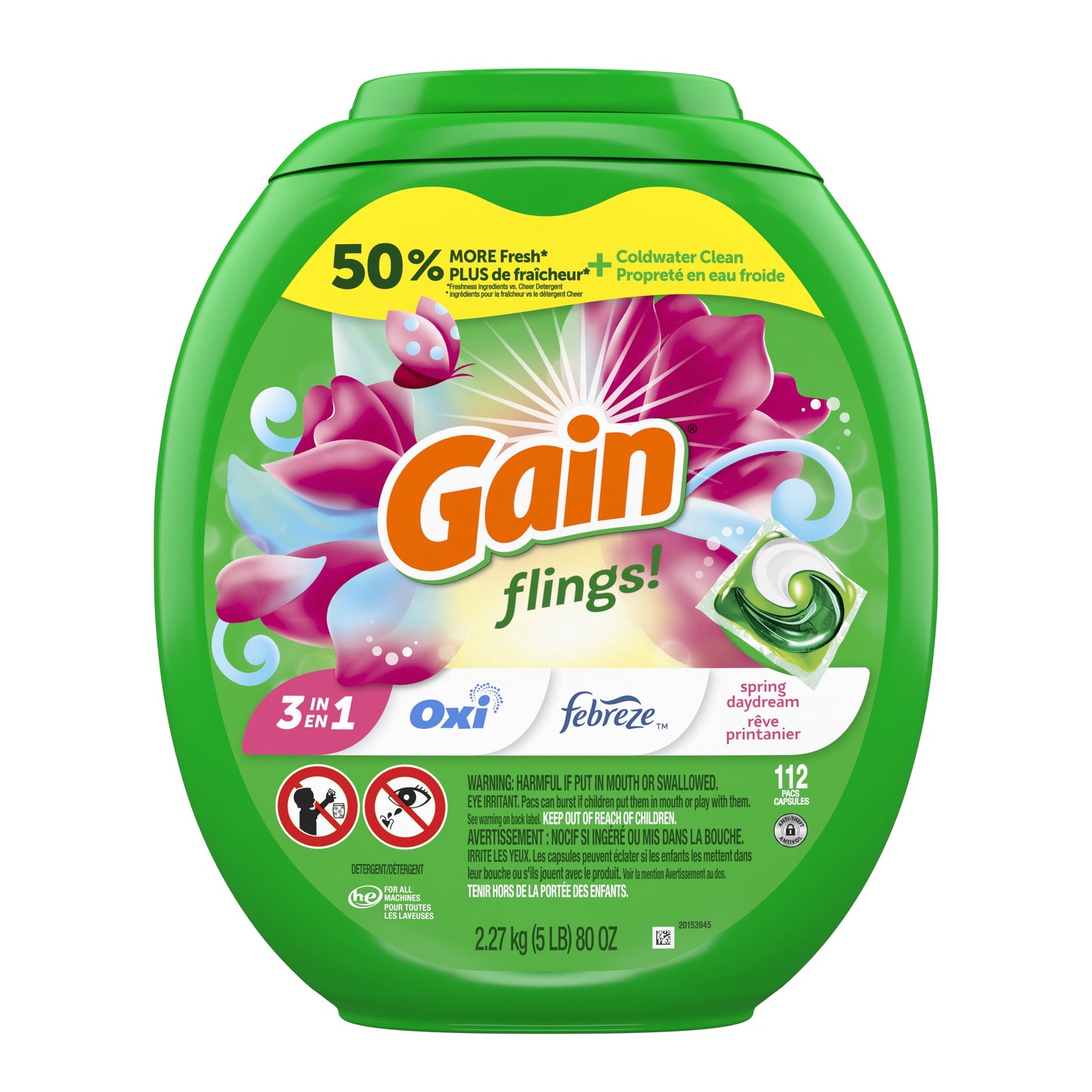 Gain Flings Laundry Detergent Soap Pacs, 112 Ct, Spring Daydream