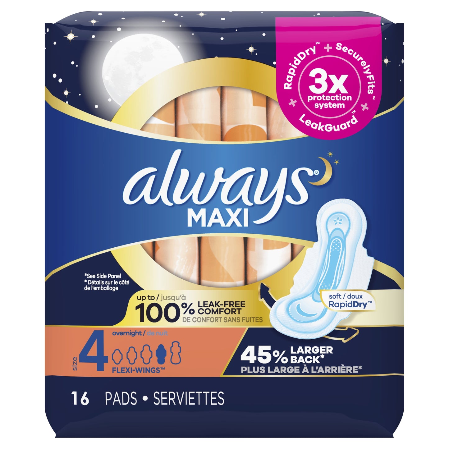 Always Maxi Overnight Pads with Wings, Size 4, Overnight Absorbency, 16 CT