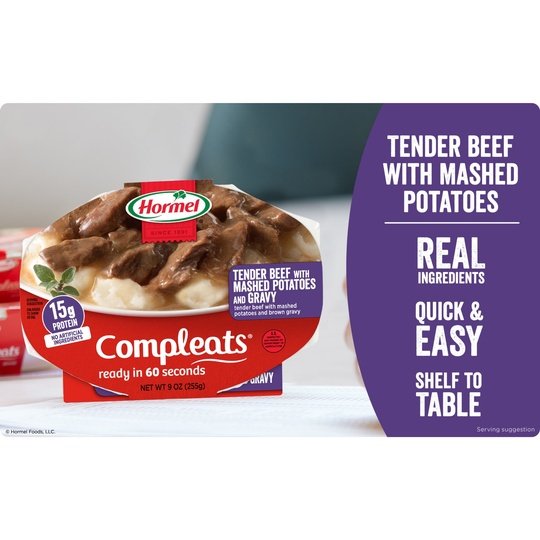 HORMEL COMPLEATS Tender Beef & Mashed Potatoes with Gravy, Shelf Stable, 9 oz Plastic Tray (6 Pack)