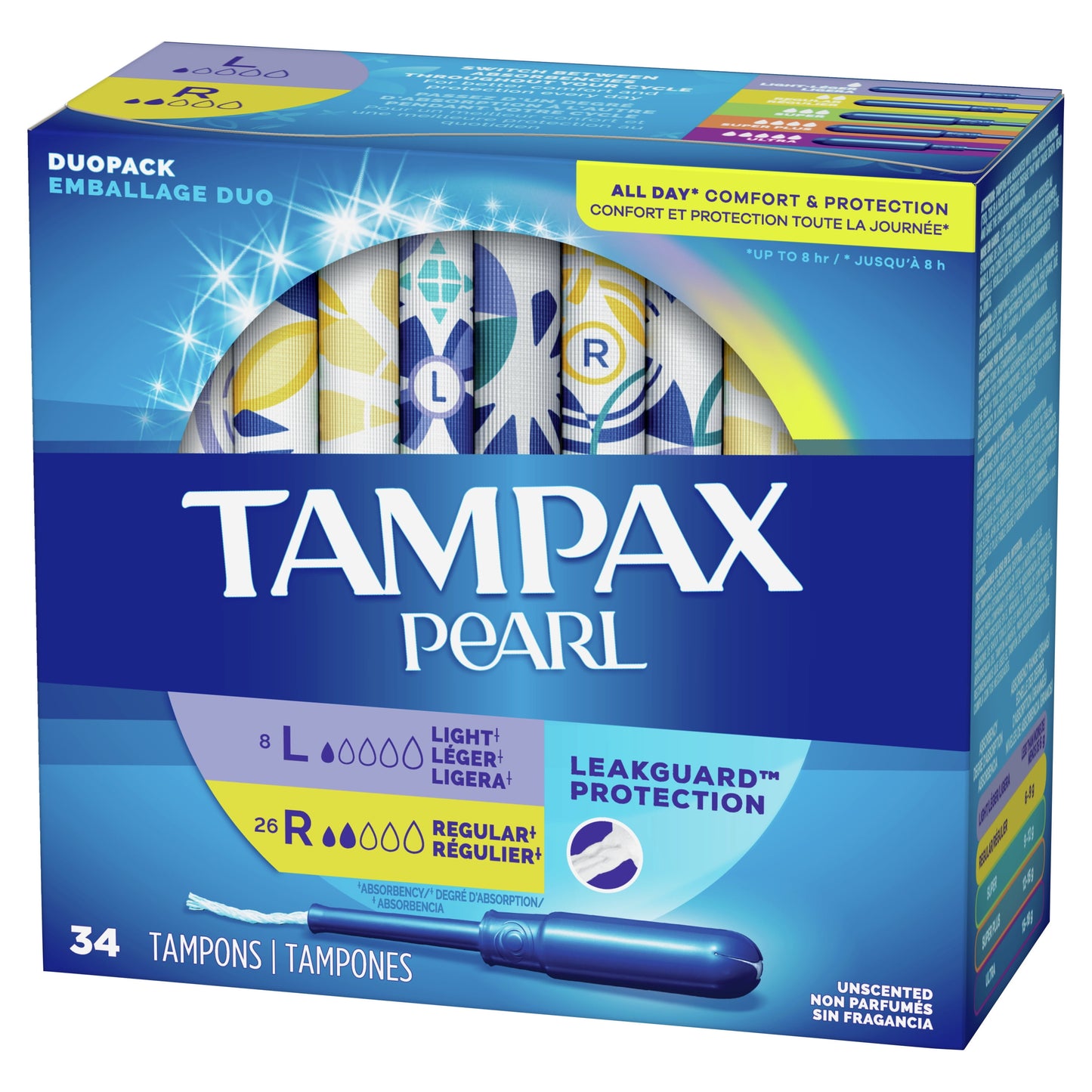 Tampax Pearl Tampons Duo Multipack with LeakGuard Braid, Light/Regular Absorbency, 34 Ct