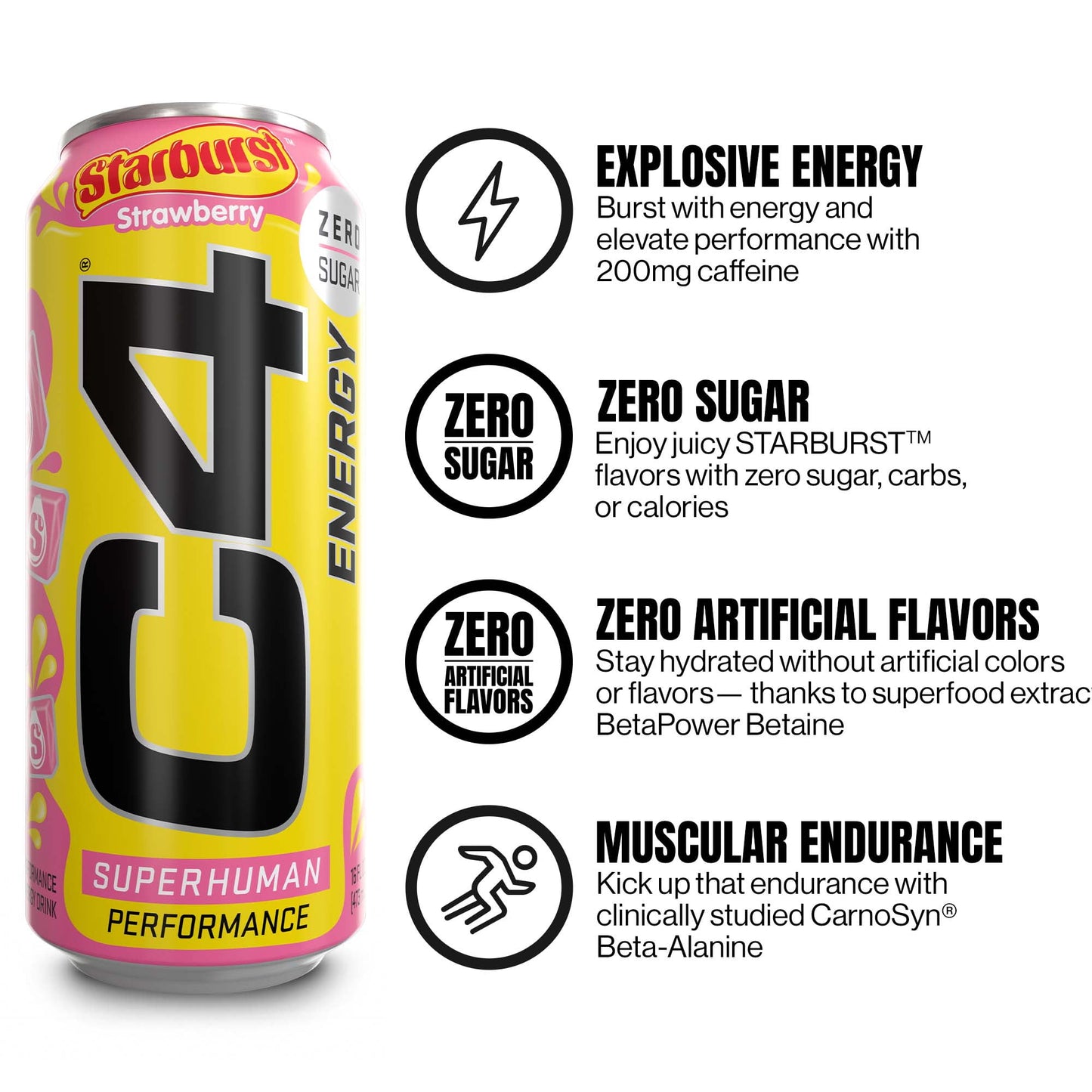 C4 Energy Drink + Strawberry Starburst + Zero Sugar + Explosive Energy Juicy Flavor + 16oz Single Can