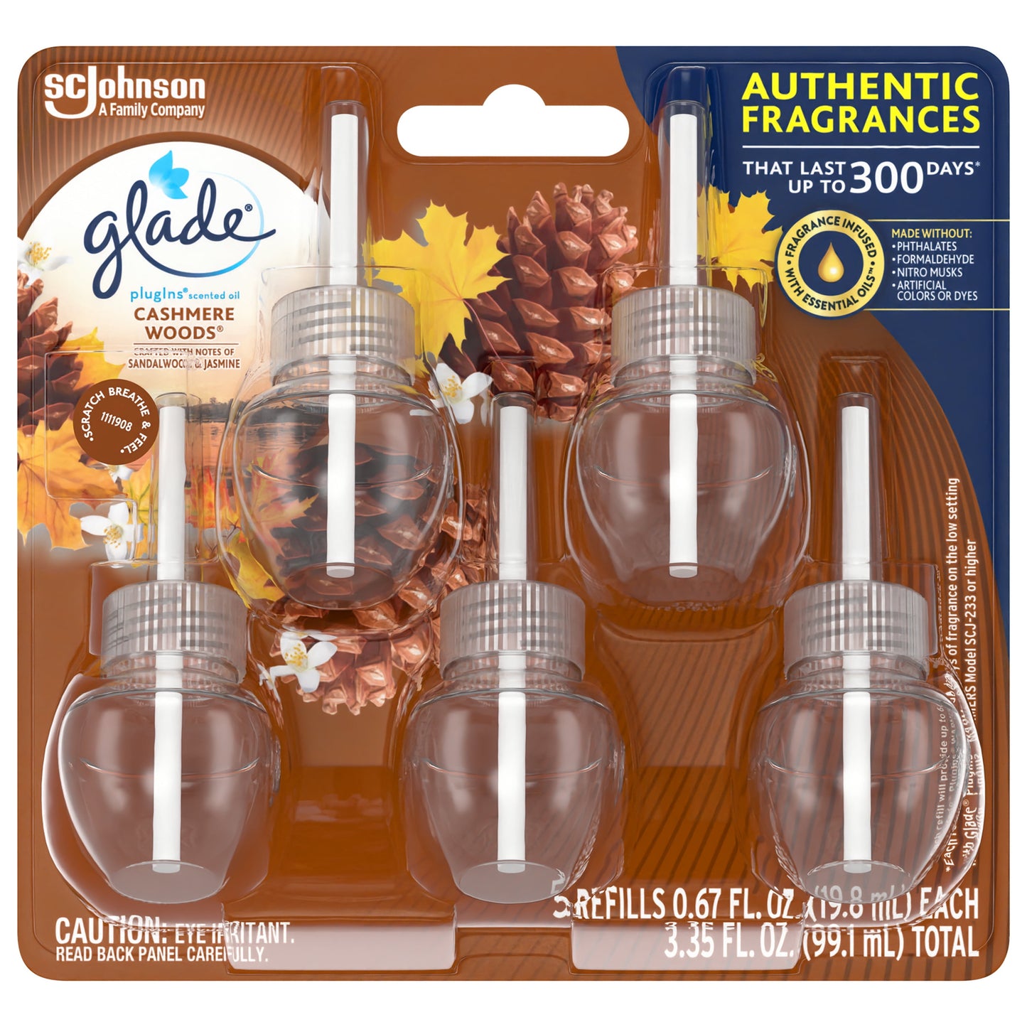 Glade PlugIns Refill 5 ct, Cashmere Woods, 3.35 FL. oz. Total, Scented Oil Air Freshener Infused with Essential Oils