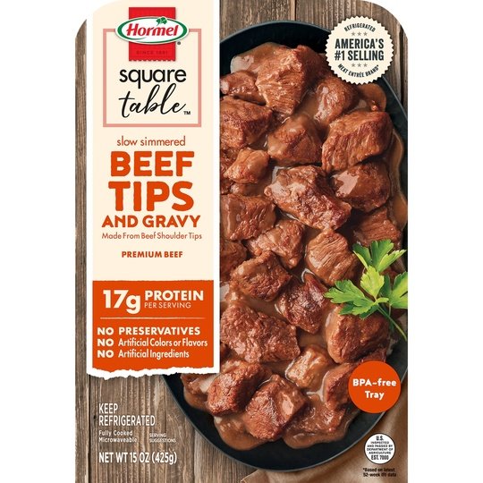 HORMEL SQUARE TABLE Slow Simmered Beef Tips & Gravy, Beef Shoulder Cuts,  Refrigerated Entrée, 15 oz Plastic Tray