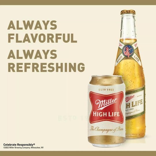 Miller High Life Lager Beer, 6 Pack, 16 fl oz Cans, 4.6% ABV