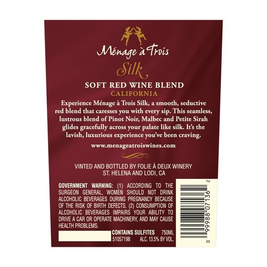 Menage a Trois Silk Red Wine, 750 ml Bottle