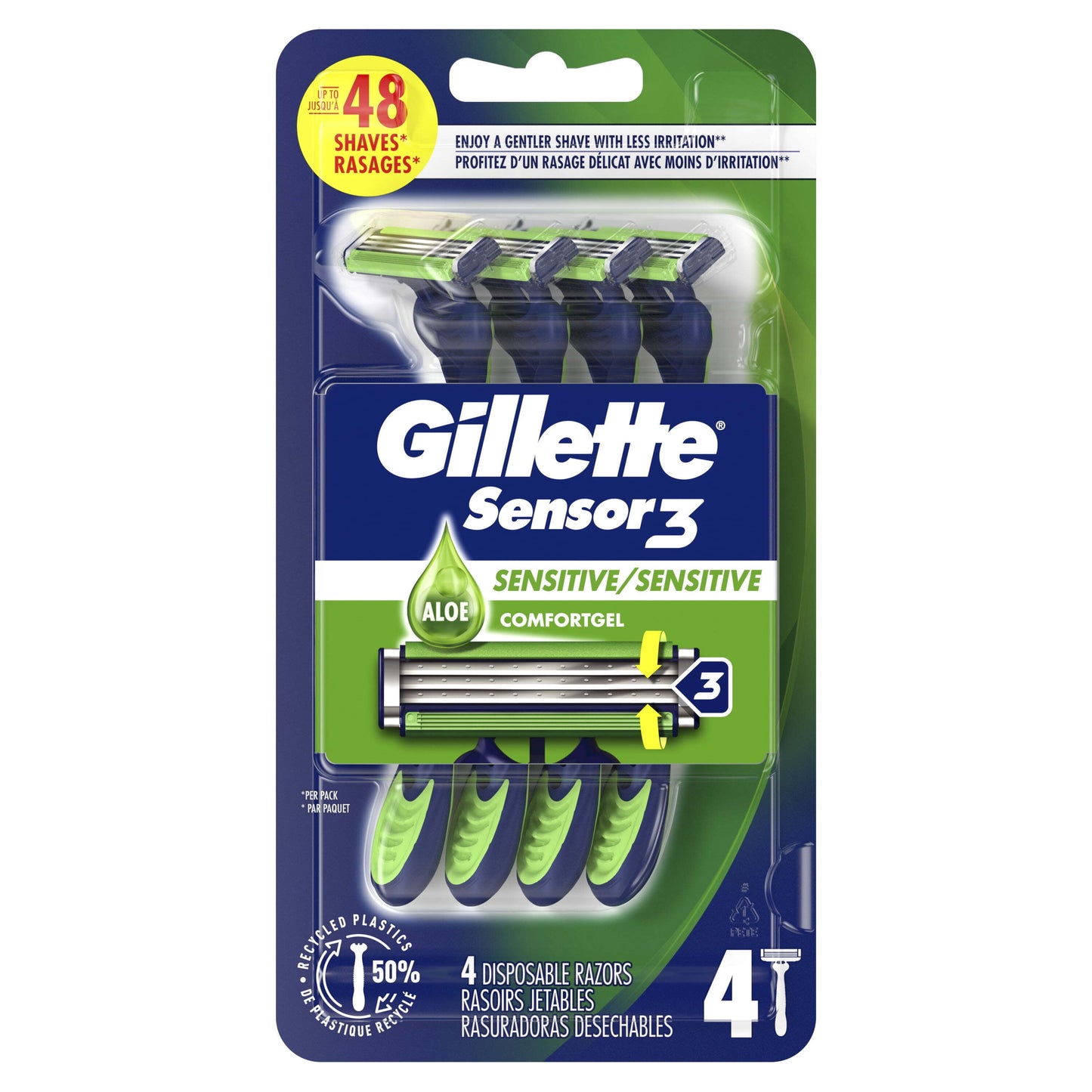 Gillette Sensor3 Sensitive Men's Disposable Razor, 4 Razors