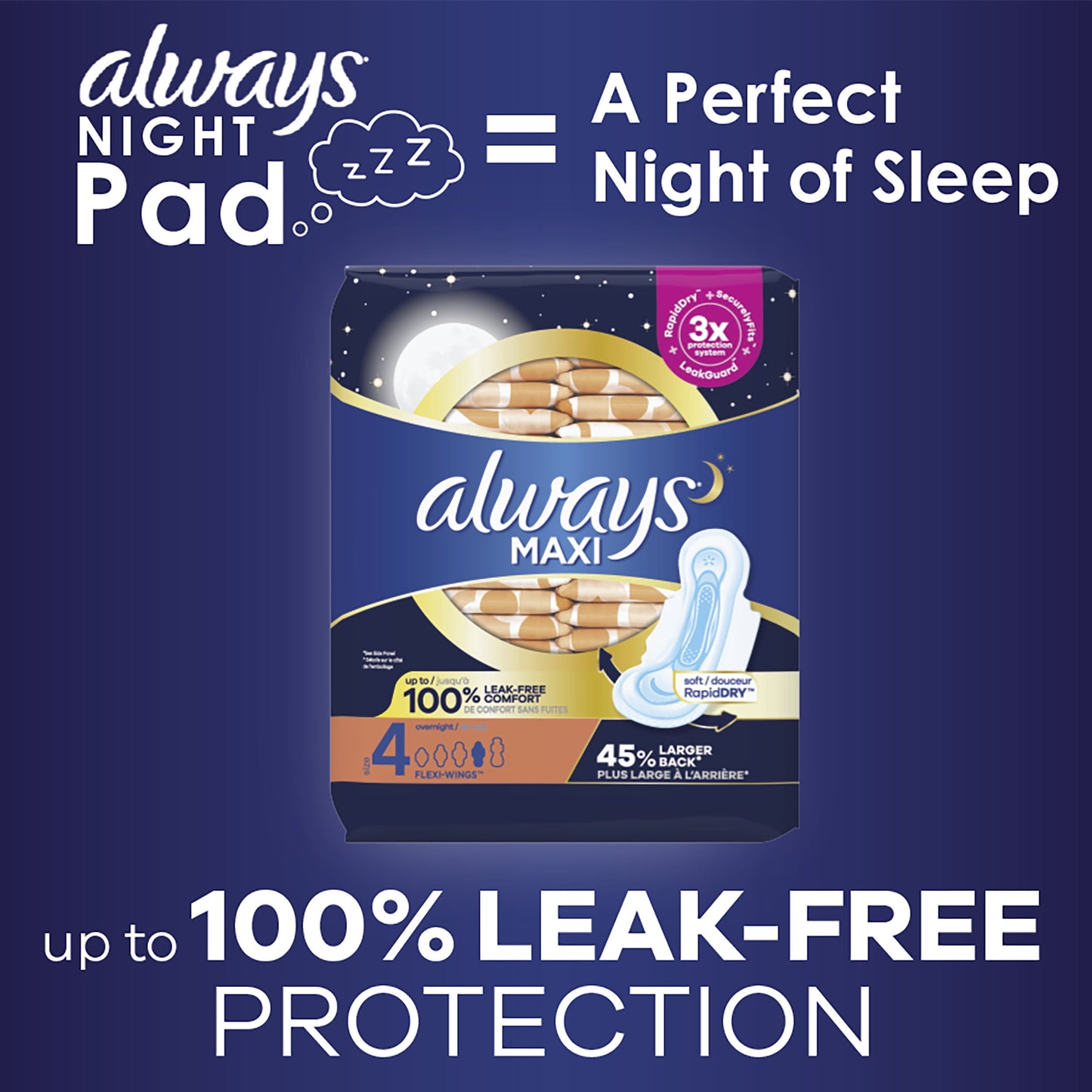 Always Maxi Overnight Pads with Wings, Size 4, Overnight Absorbency, 48 CT