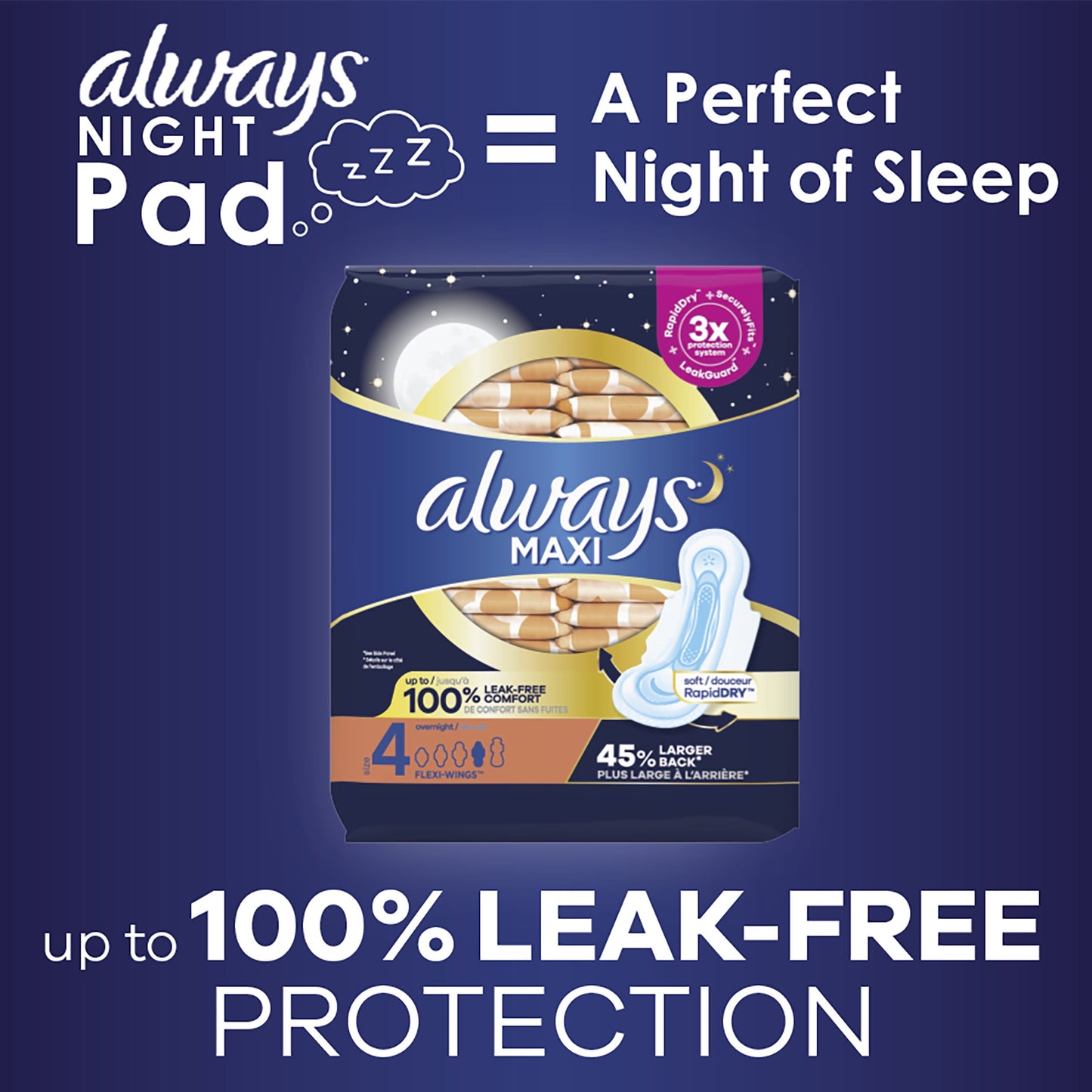 Always Maxi Pads without Wings, Size 4, Overnight Absorbency, 28 CT