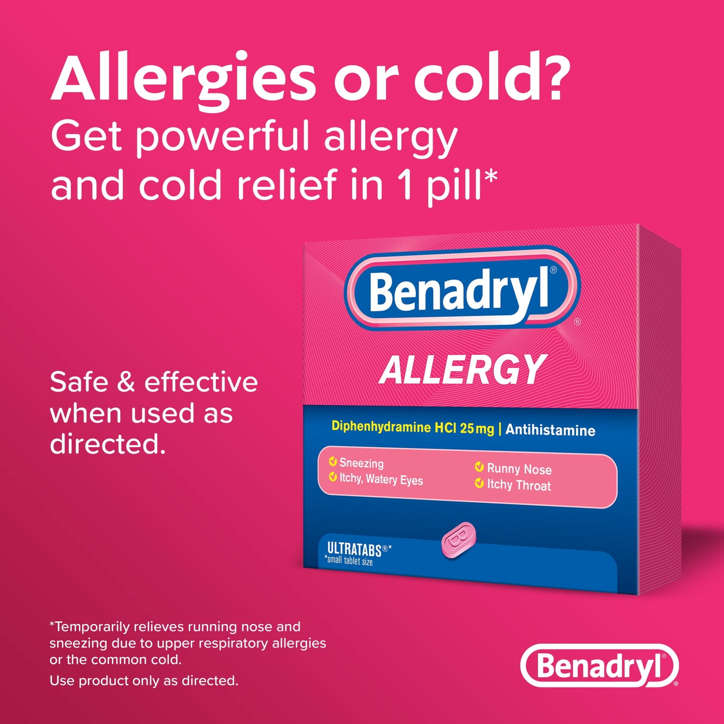 Benadryl Ultratabs Antihistamine Cold & Allergy Relief Tablets, 24Ct