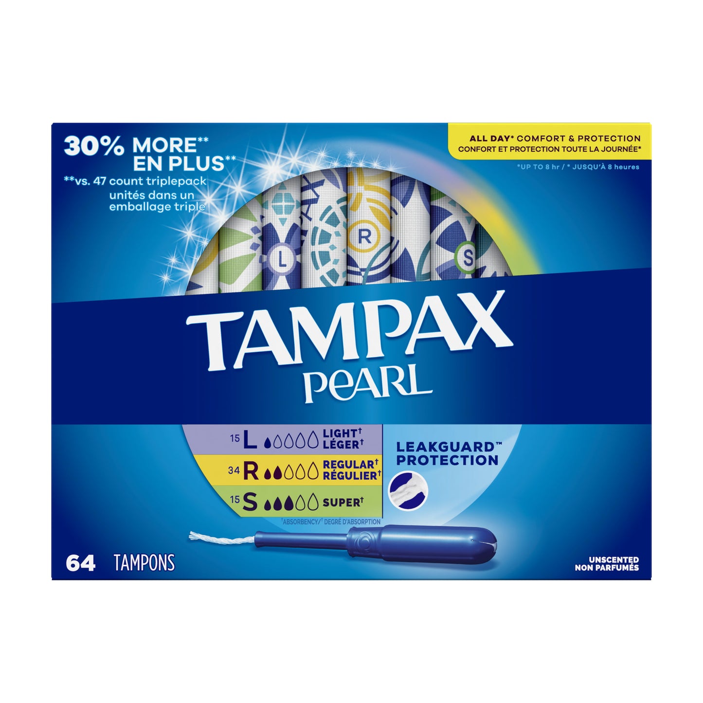 Tampax Pearl Tampons Trio Multipack with LeakGuard Braid, Light/Regular/Super Absorbency, 64 Ct