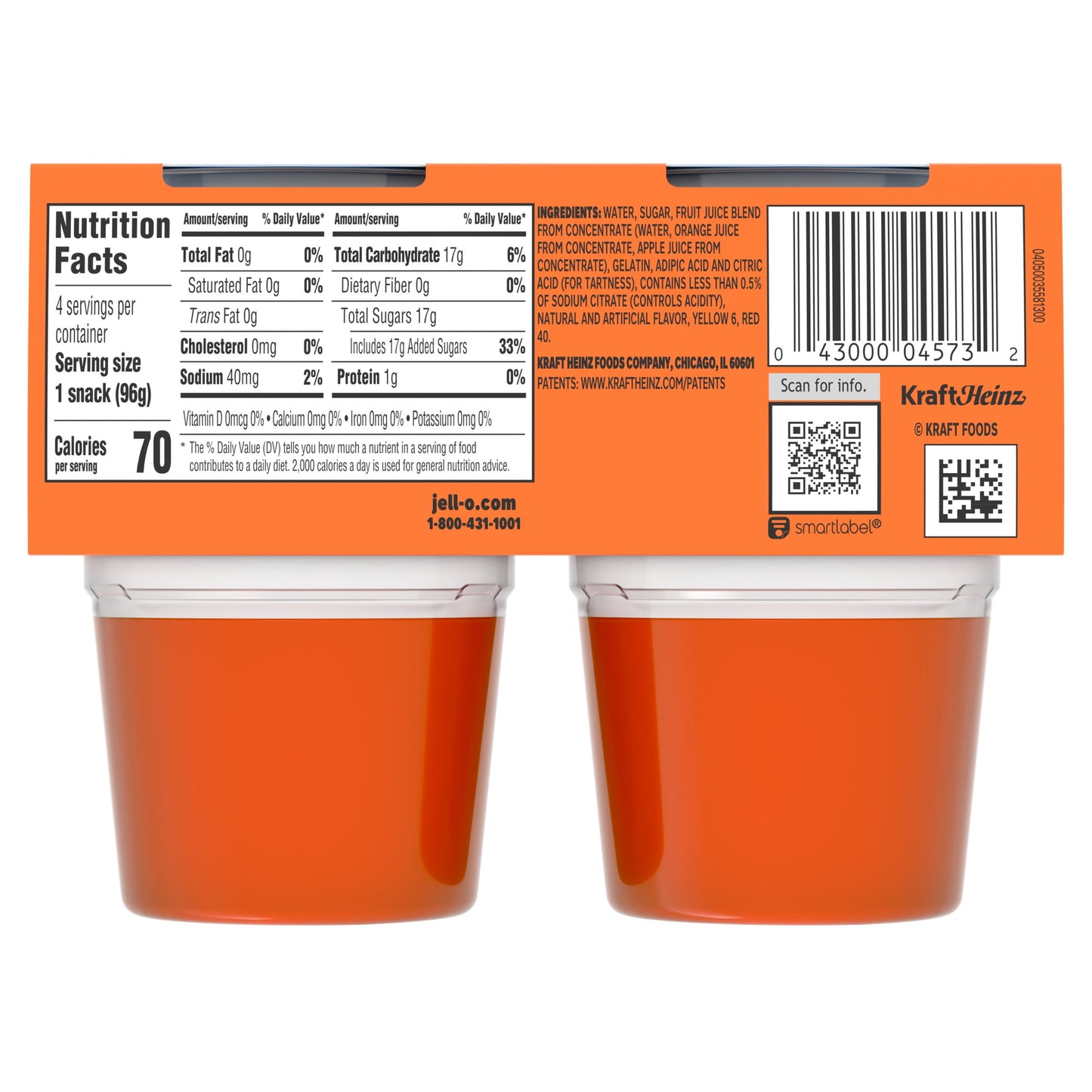 Jell-O Original Orange Jello Cups Gelatin Snack, 4 Ct Cups