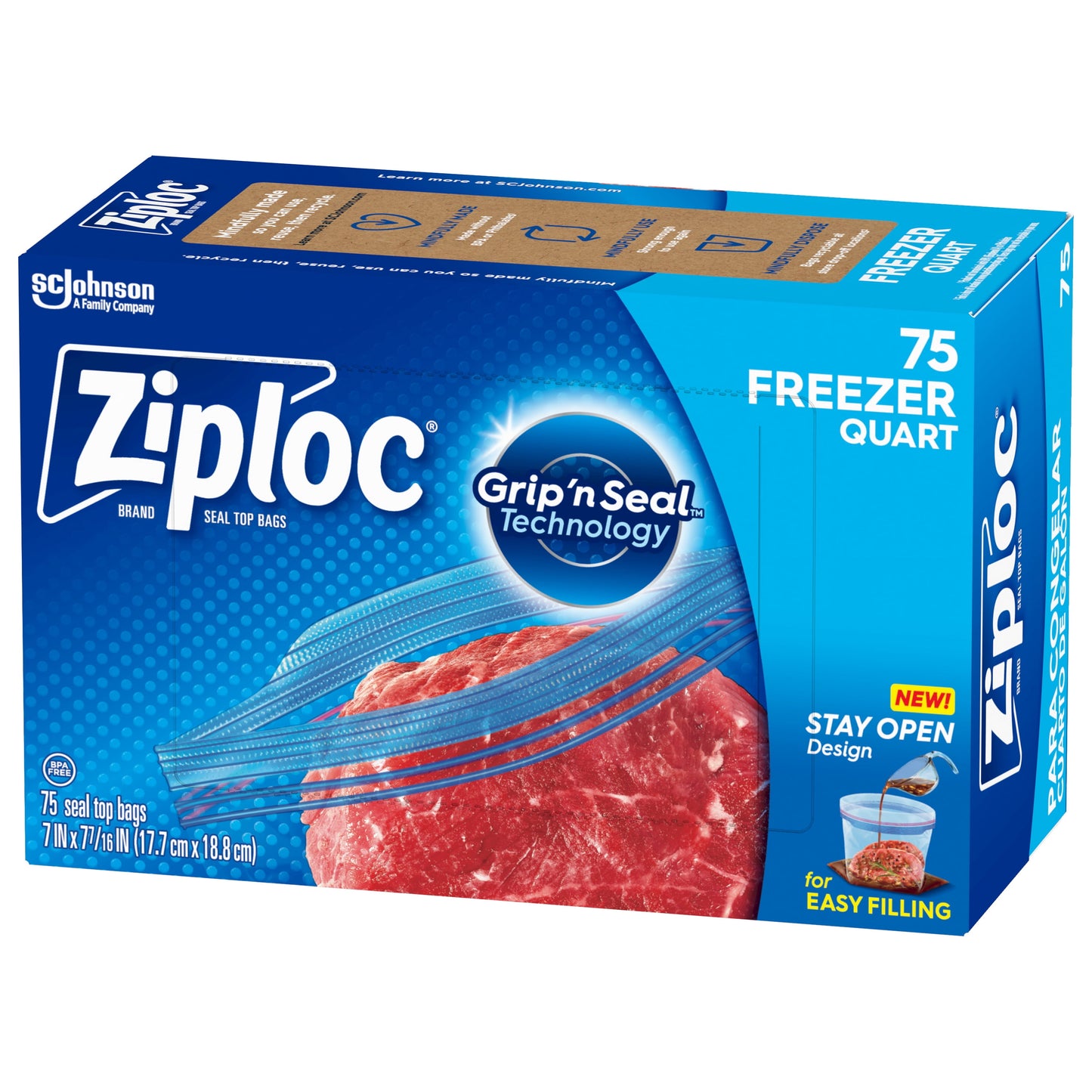 Ziploc® Brand Freezer Bags with New Stay Open Design, Quart, 75, Patented Stand-up Bottom, Easy to Fill Freezer Bag, Unloc a Free Set of Hands in the Kitchen, Microwave Safe, BPA Free