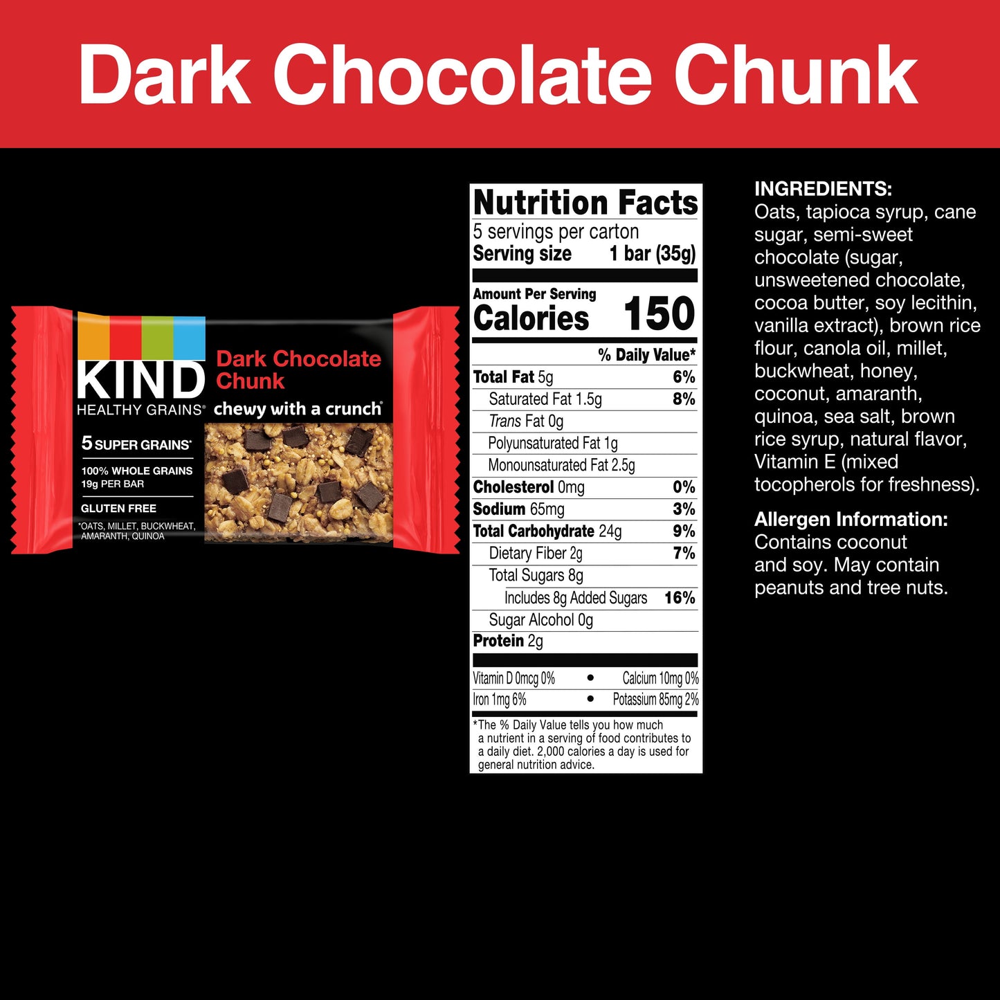 KIND Healthy Grain Gluten Free Dark Chocolate Chunk Snack Bars, 1.2 oz, 5 Count