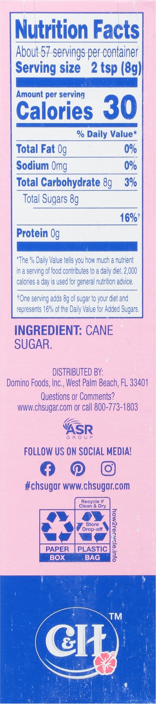 C&H Premium Pure Cane Granulated Sugar, 1 lb Box