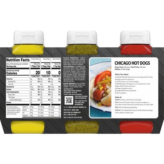 Heinz Tomato Ketchup, Sweet Relish & 100% Natural Yellow Mustard Picnic Variety Pack, 3 ct Pack