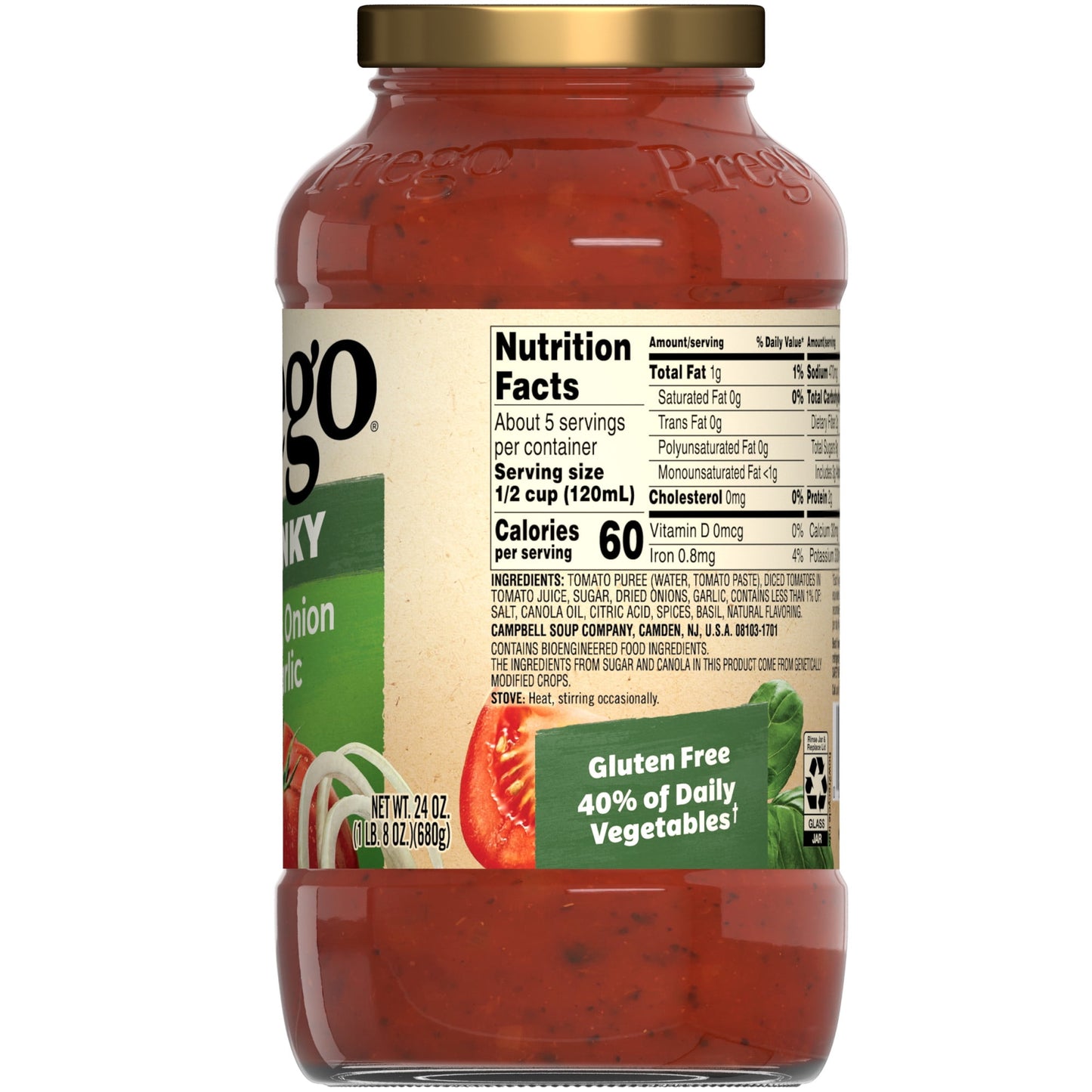 Prego Chunky Tomato with Garlic and Onion Spaghetti Sauce, 24 oz Jar