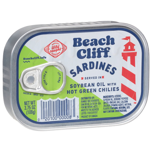 Beach Cliff Sardines in Soybean Oil with Hot Green Chilies, 3.75 oz Can