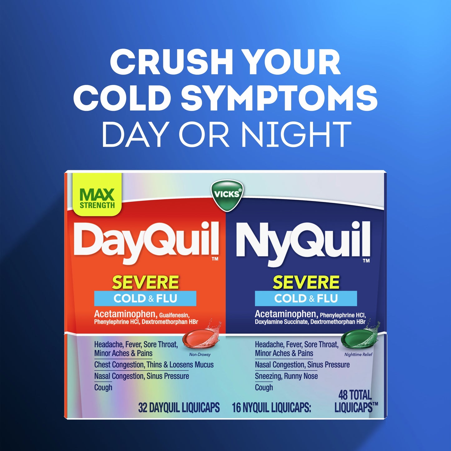 Vicks NyQuil Severe Liquicaps, Nighttime Cold, Cough & Flu Relief, Over-the-Counter Medicine, 24 Ct