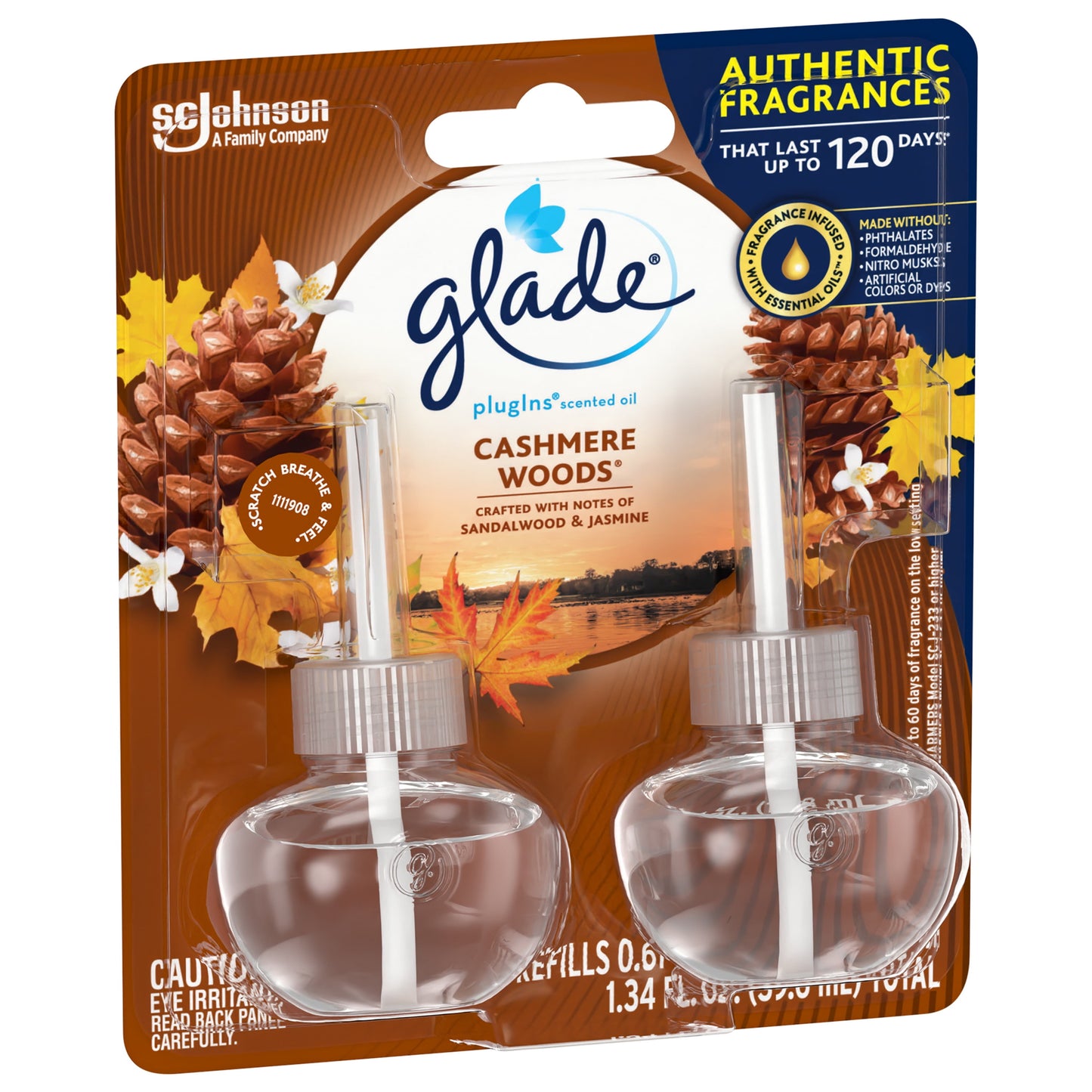 Glade PlugIns Refill 2 ct, Cashmere Woods, 1.34 FL. oz. Total, Scented Oil Air Freshener Infused with Essential Oils
