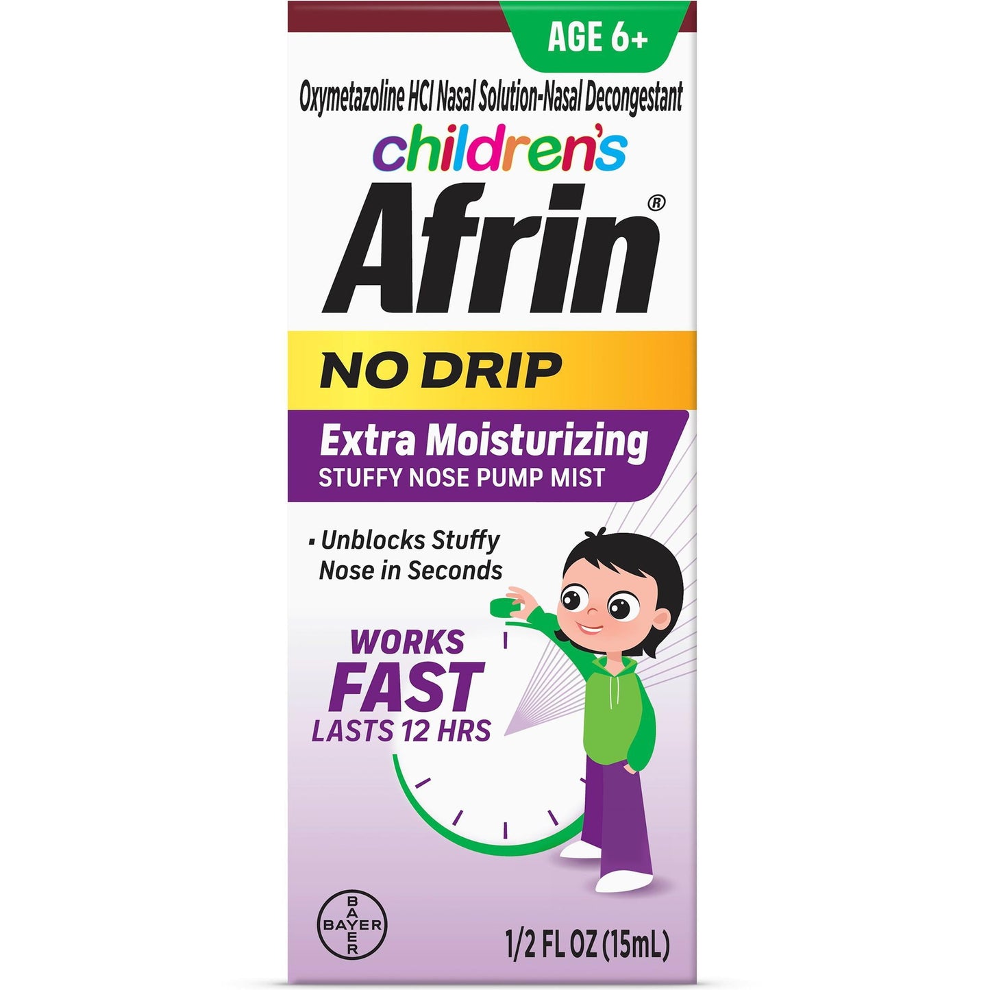 Children's Afrin No Drip Extra Moisturizing 12 Hour Stuffy Nose Nasal Spray, Ages 6+, 15 ml