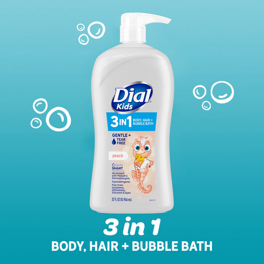 Dial Kids 3-in-1 Body+Hair+Bubble Bath, Peach, 32 fl oz