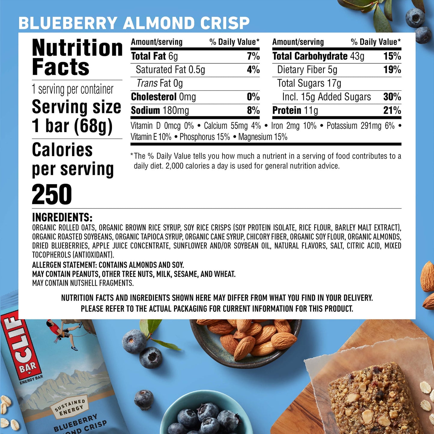 CLIF BAR - Blueberry Almond Crisp - Made with Organic Oats - 11g Protein - Non-GMO - Plant Based - Energy Bars - 2.4 oz. (6 Pack)