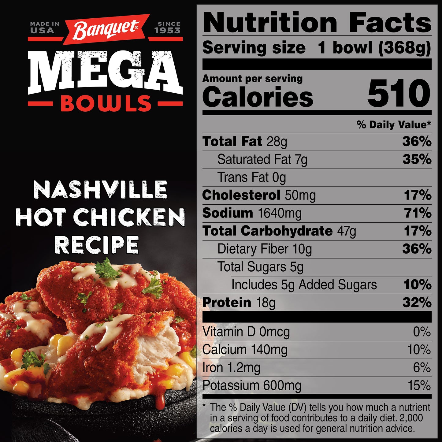 Banquet Mega Bowls Nashville Hot Fried Chicken Frozen Meal, 13 oz (Frozen)