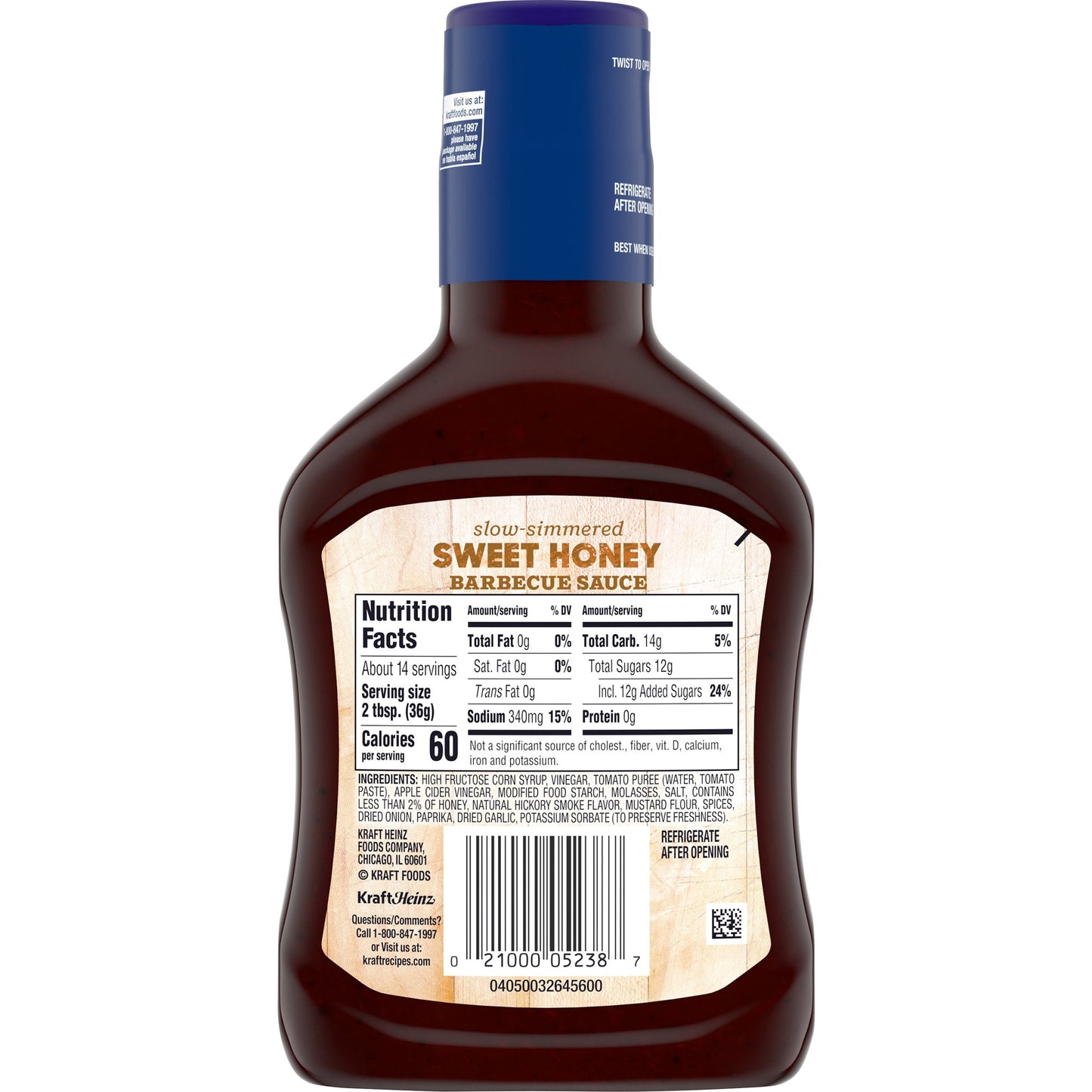 Kraft Sweet Honey Slow-Simmered Barbecue BBQ Sauce, 18 oz Bottle