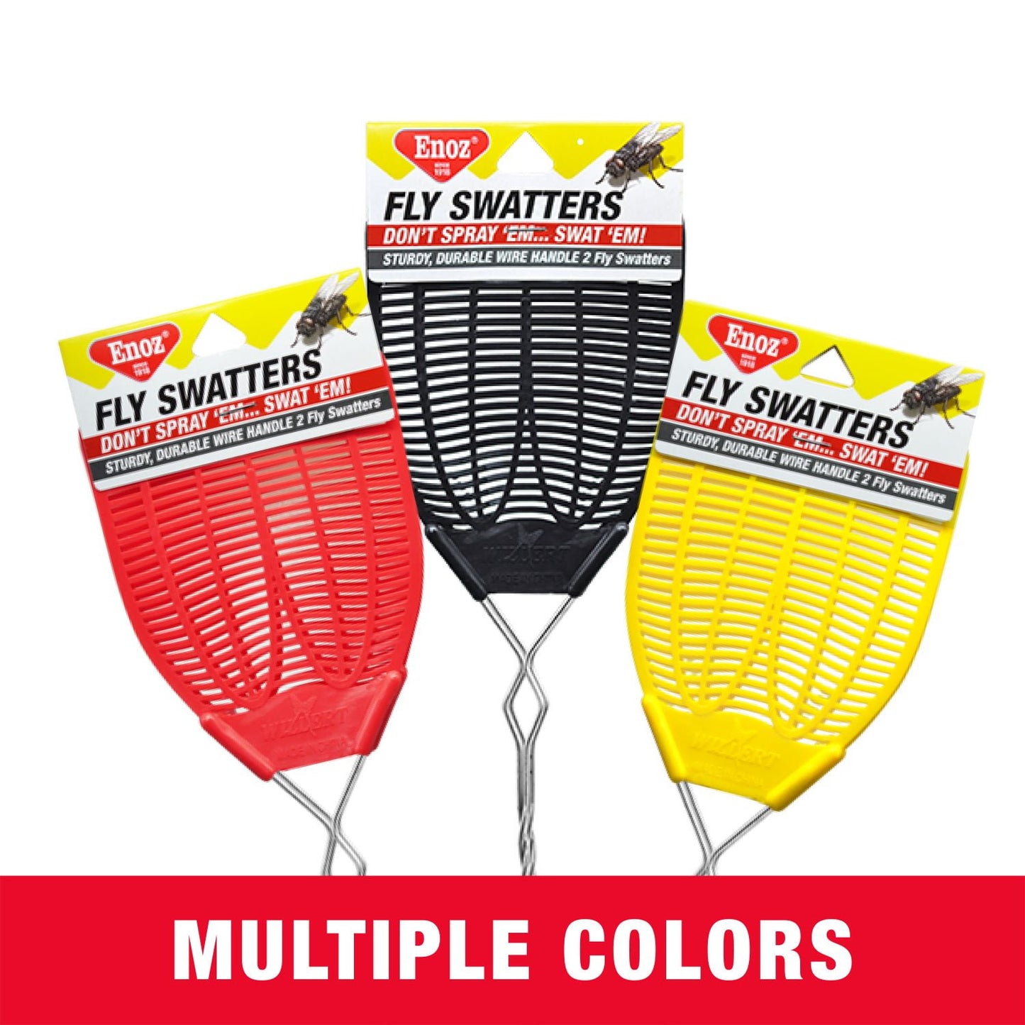 Enoz Fly Swatter, Wire Handled Plastic Fly Swatter, Assorted Colors, 2 Ct (4" L, 5" W, 21" H)