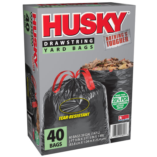 Husky Yard Drawstring Black Bags, 39 Gallon, 40 Bags (20% PCR)