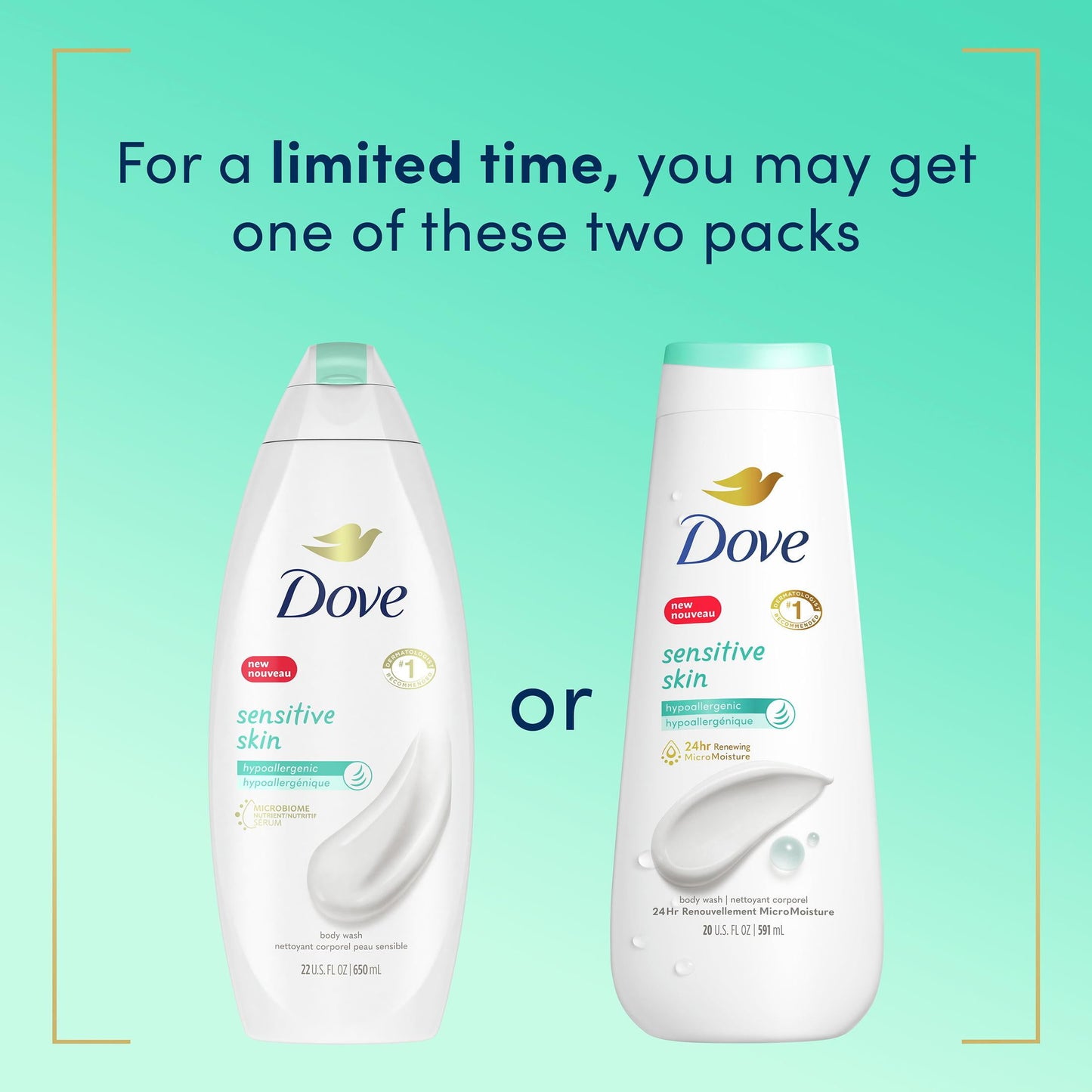 Dove Sensitive Skin Long Lasting Gentle Hypoallergenic Body Wash Twin Pack, 20 fl oz