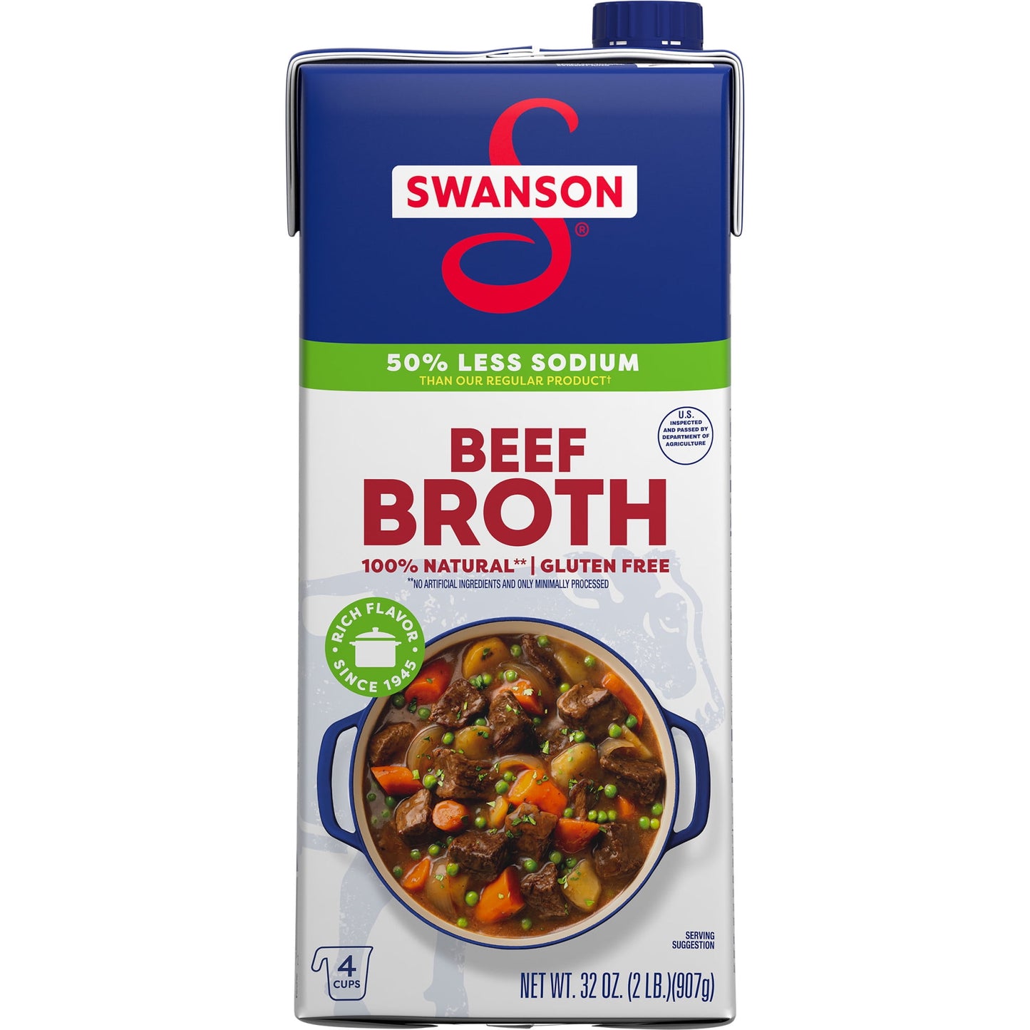 Swanson 100% Natural, 50% Less Sodium Beef Broth, 32 oz Carton