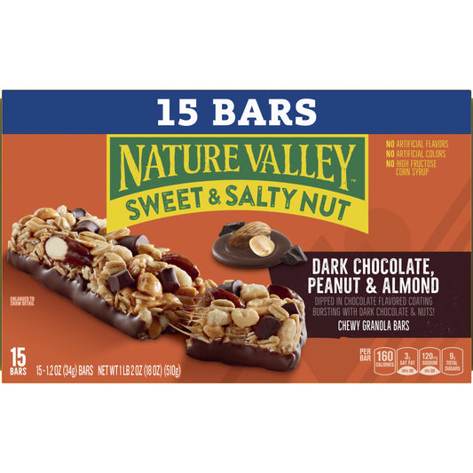 Nature Valley Sweet and Salty Nut Bars, Dark Chocolate Peanut Almond, 15 Bars, 18 OZ