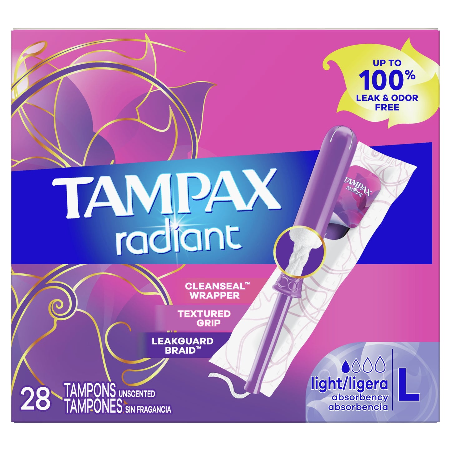 Tampax Radiant Tampons with LeakGuard Braid, Light Absorbency, 28 Count