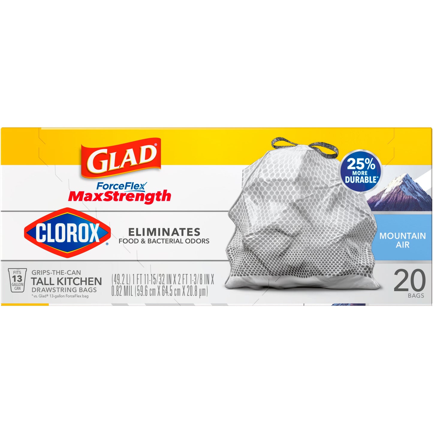 Glad ForceFlex MaxStrength with Clorox 13 Gallon Tall Kitchen Trash Bags, Mountain Air, 20 Bags