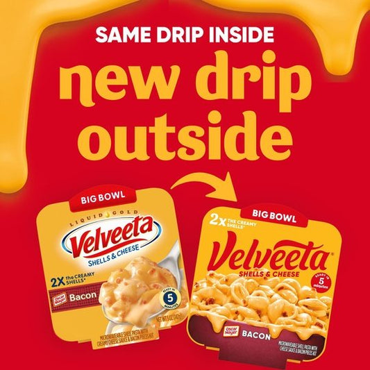 Velveeta Shells and Cheese Macaroni and Cheese Cups with Bacon Easy Microwavable Big Bowl Dinner, 5 oz Tray