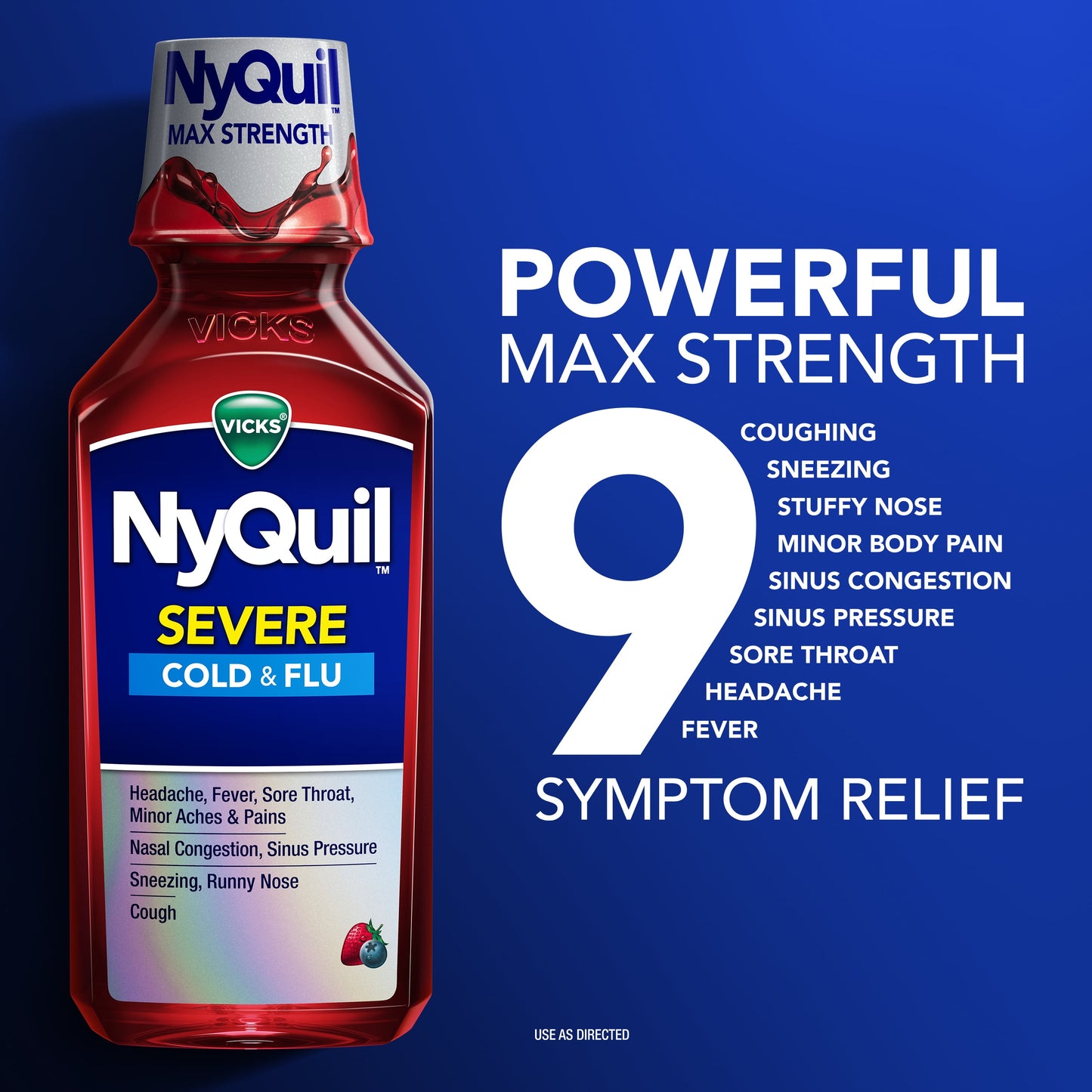 Vicks NyQuil Severe Cold & Flu Liquid, Nighttime Relief, over-the-Counter Medicine, Berry, 2x12 oz