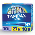 Tampax Pearl Tampons Trio Multipack with LeakGuard Braid, Light/Regular/Super Absorbency, 47 Ct