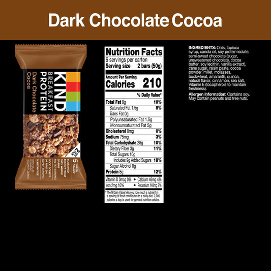 KIND Breakfast Gluten Free Dark Chocolate Cocoa Protein Snack Bars, 1.76 oz, 12 Count