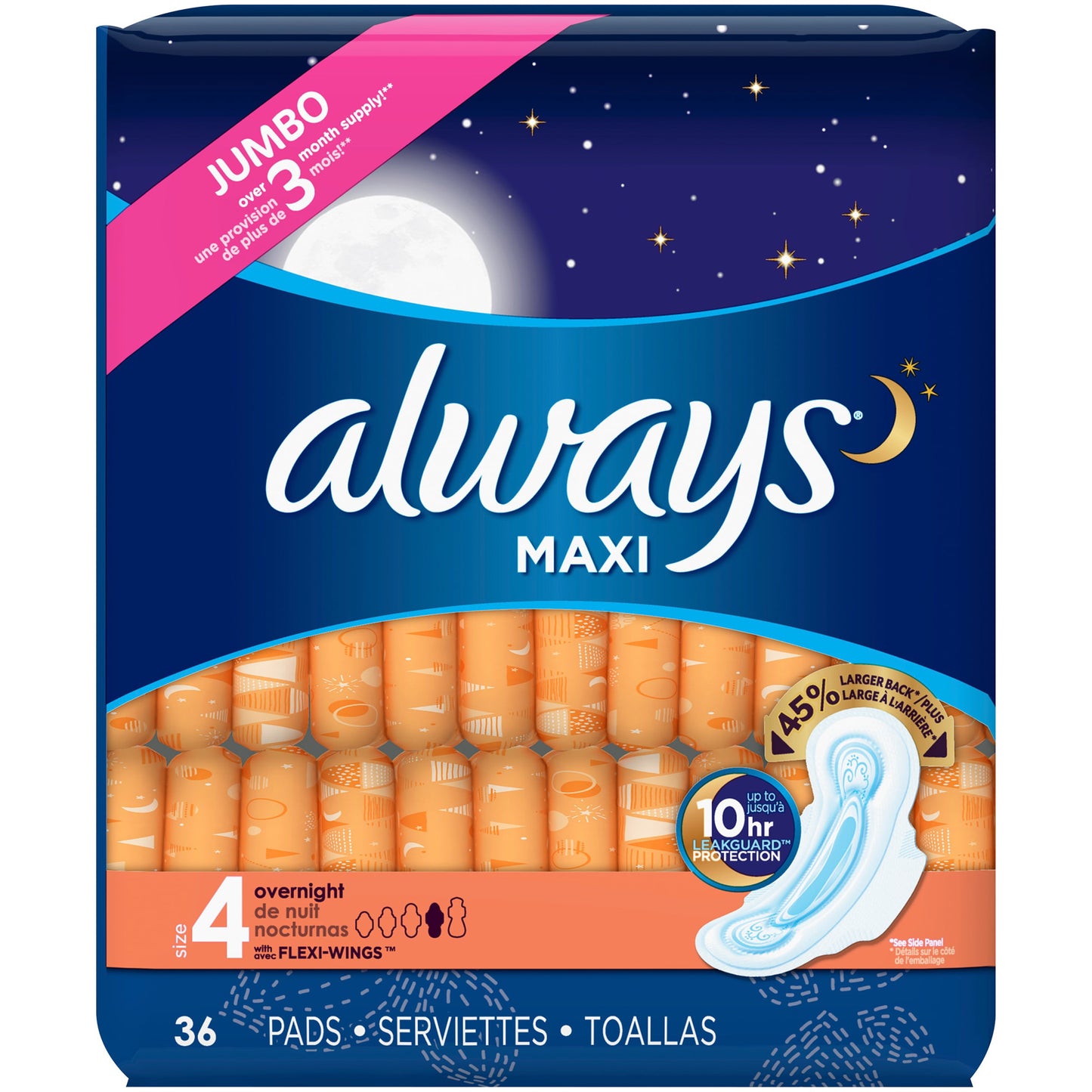 Always Maxi Size 4 Overnight Pads with Wings, Unscented, 36 Count