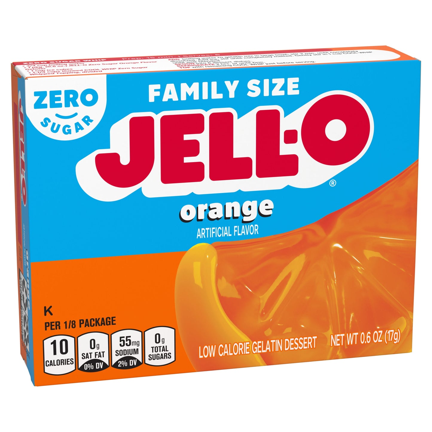 Jell-O Orange Artificially Flavored Zero Sugar Low Calorie Gelatin Dessert Mix, Family Size, 0.6 oz Box