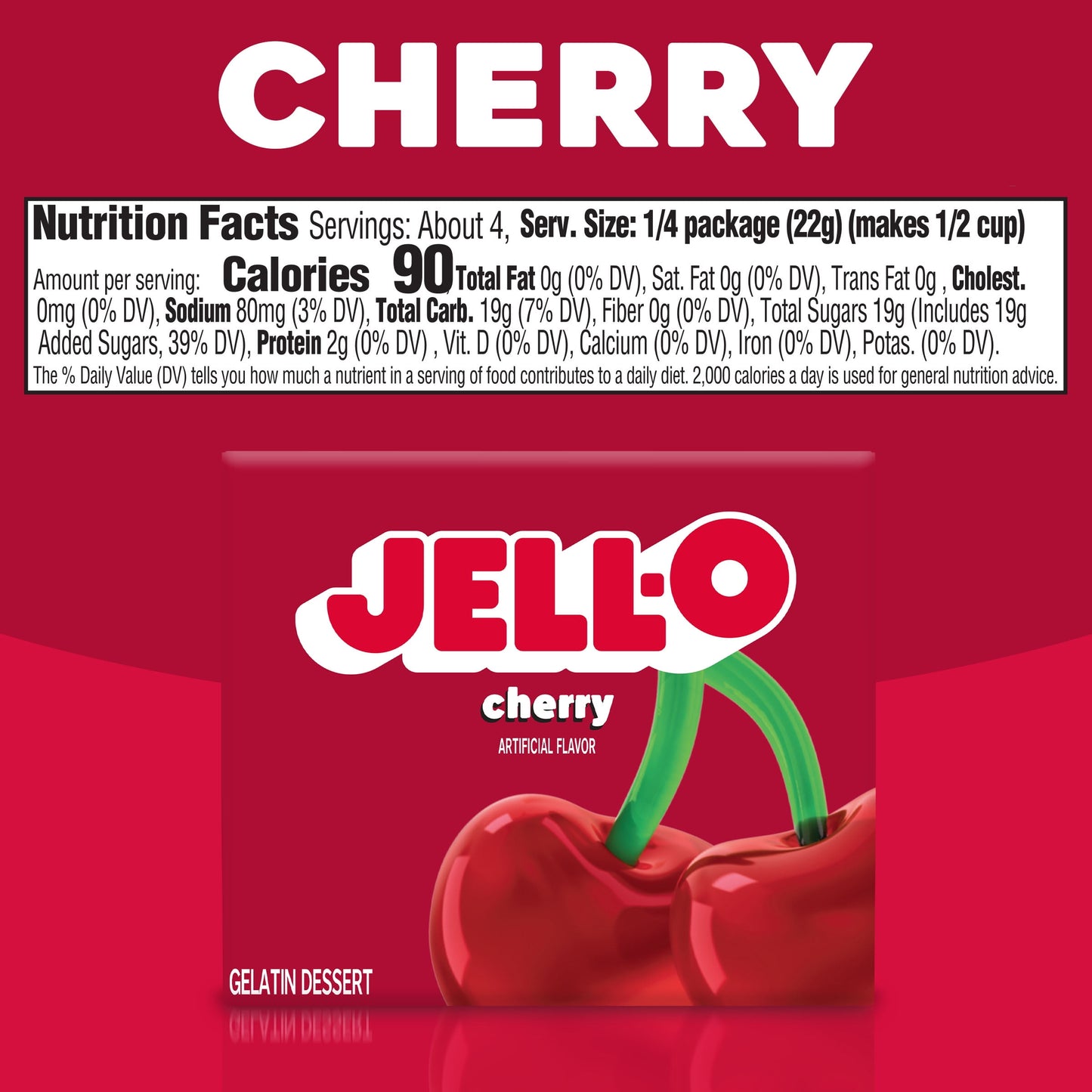 Jell-O Cherry Artificially Flavored Gelatin Dessert Mix, 3 oz Box