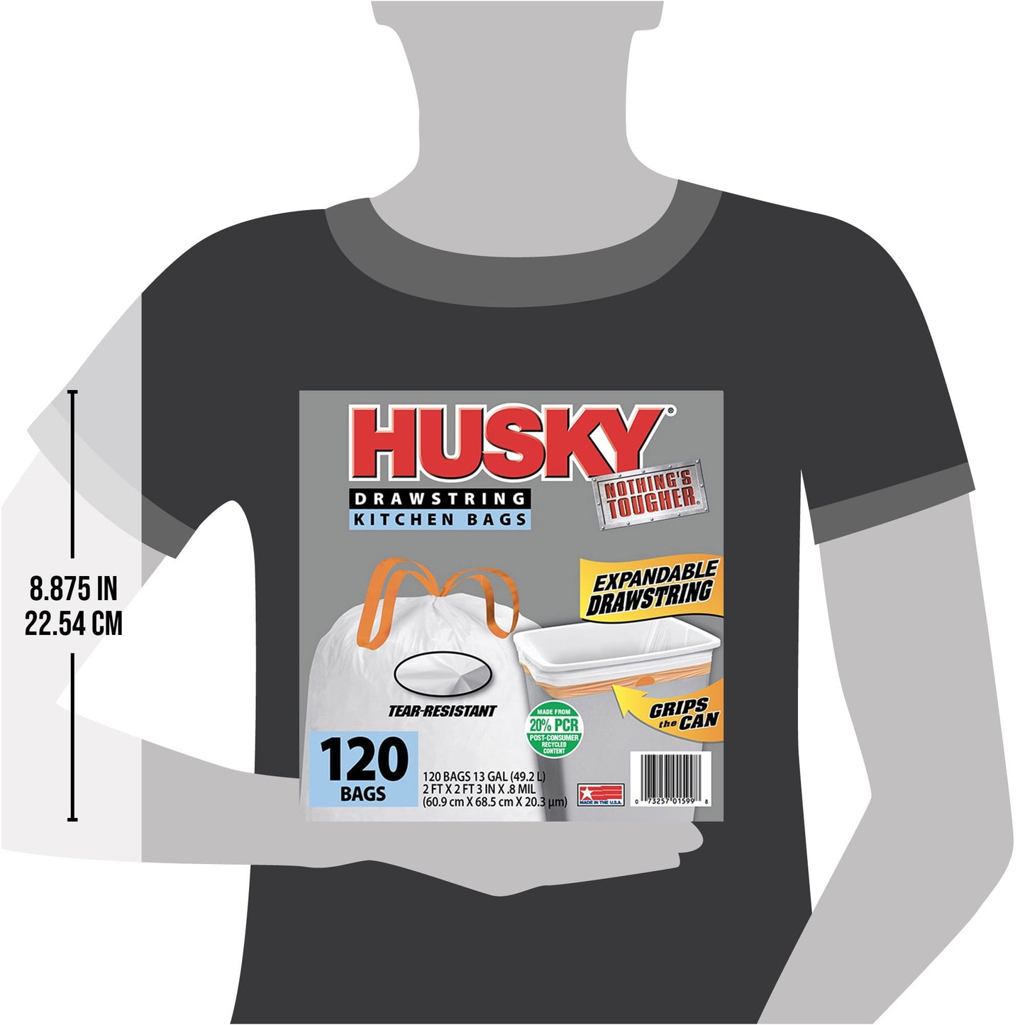 Husky Tall Kitchen White Trash Bags, 13 Gallon, 120 Bags (Expandable Drawstring, 20% PCR)